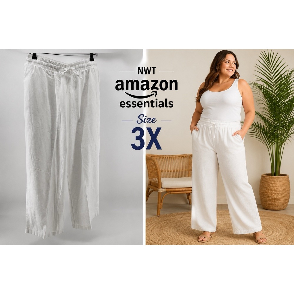 Amazon Essentials 3X Plus White Linen Blend Drawstring Pants Wide Leg NWT READ